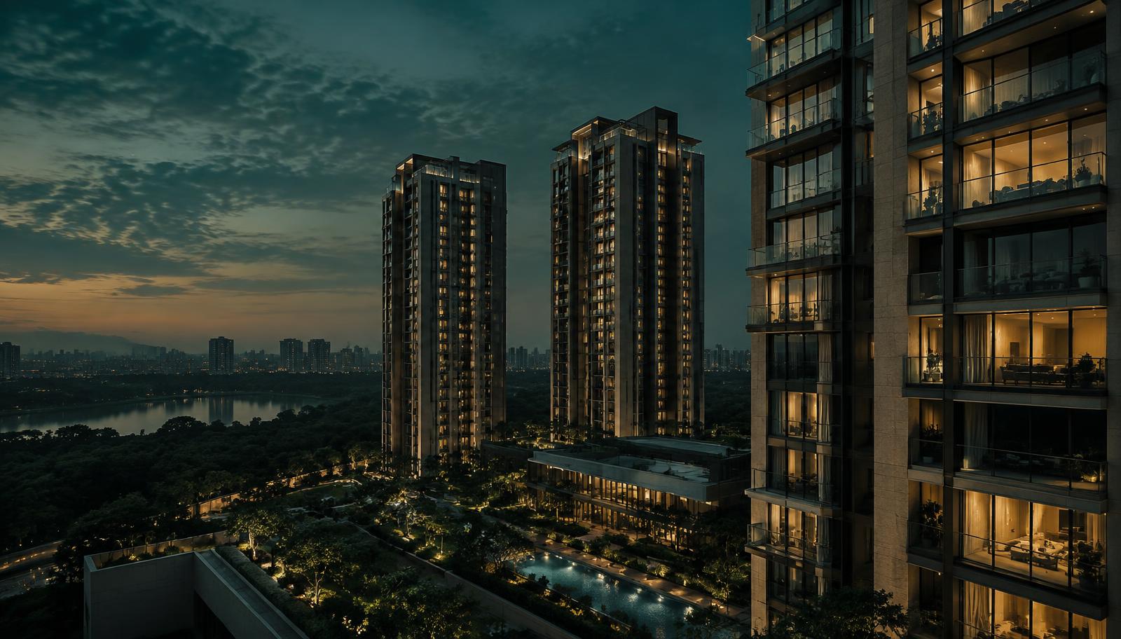 Modern residential towers at dusk