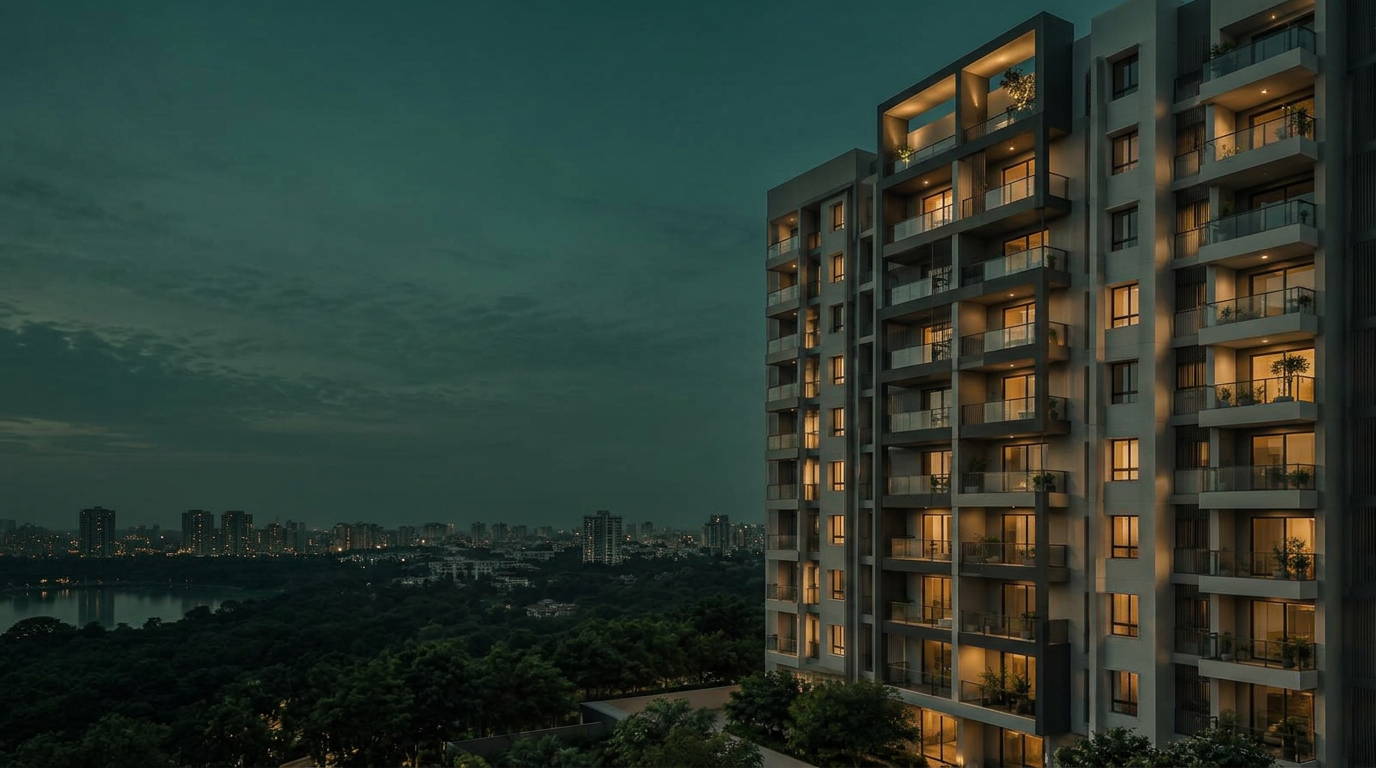 Modern Indian residential towers at dusk